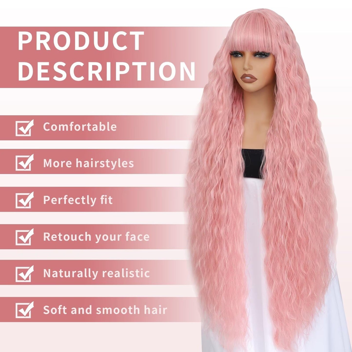 Aliesencia 40 Inch Long Wavy Wig with Bangs for Women White Cosplay Wig Bounce Fluffy for Halloween Party Daily Use(Pink)