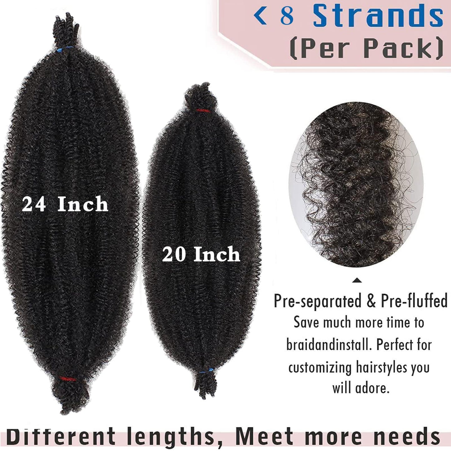 24 Inch Long Pre-Separated Springy Afro Twist Hair 8 Packs Spring Twist Hair For Distressed Soft Locs Natural Black Marley Twist Braiding Hair Synthetic Hair Extension For Women (8 Strands/Pack,1B#)