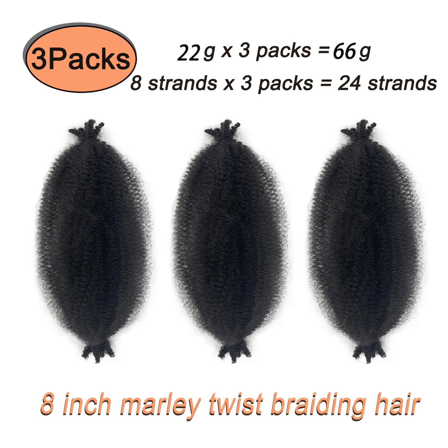 Marley Twist Braiding Hair 8 Inch Pre-Separated Springy Afro Twist Hair Kinky Twist Crochet Hair Braids for Distressed Soft Locs Spring Twist Hair for Black Women (2#, 8 Inch(Pack of 3))