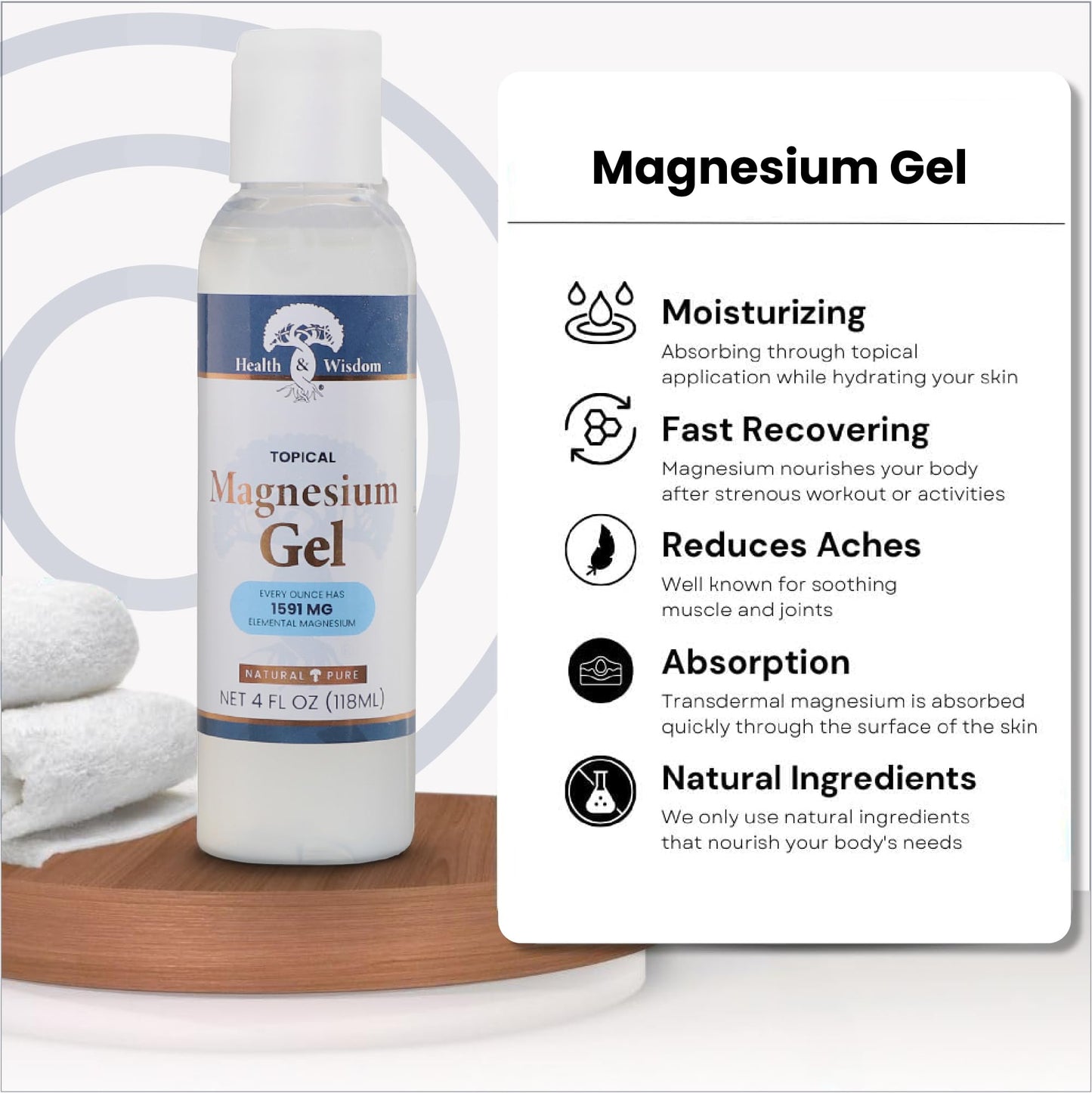 Health and Wisdom Topical Magnesium Gel with Seaweed Extract - Magnesium Gel Topical for Muscles, Magnesium Topical Gel, Gel Magnesium, All Natural Magnesium Gel, Magnesium Chloride Gel - 4 Fl Oz