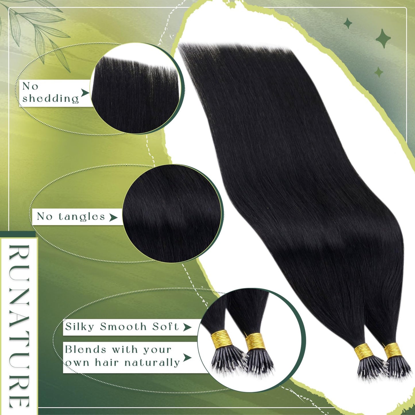 RUNATURE 18 Inch 50g Nano Bead Hair Extensions Real Human Black Nano Hair Extensions Pro Bonded Long Link Natural Hair 50 Strands #1
