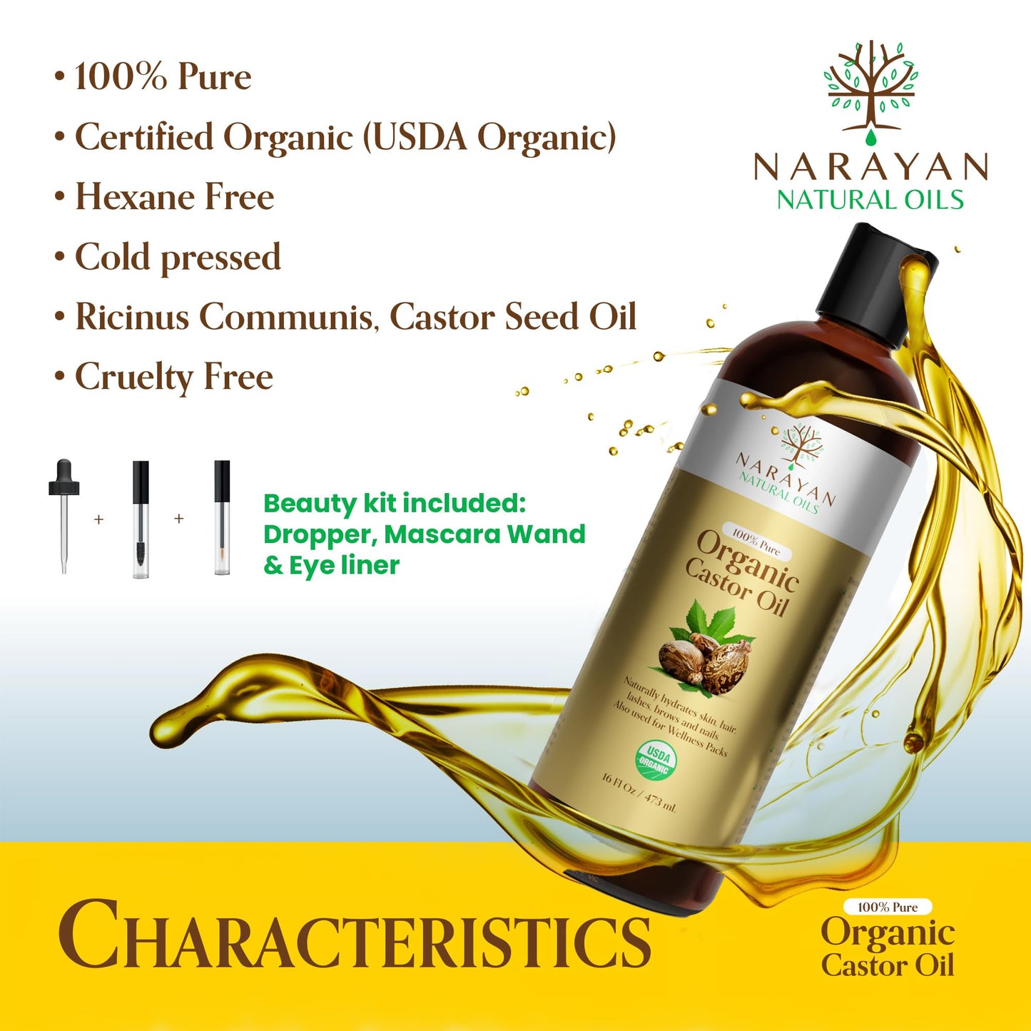 Narayan Organic Castor Oil (16 Fl Oz) — USDA Certified Natural Hexane & Cruelty Free Cold Pressed — For Hair Growth, Eyelashes, Eyebrows & Skin — Extraordinary for Wellness Packs — Includes Beauty Kit