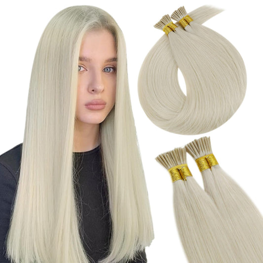 RUNATURE I Tip Hair Extensions Human Hair,Cold Fusion Extensions I Tip,Invisible Remy Hair Extensions,#800 White Blonde 14Inch 50G 100s