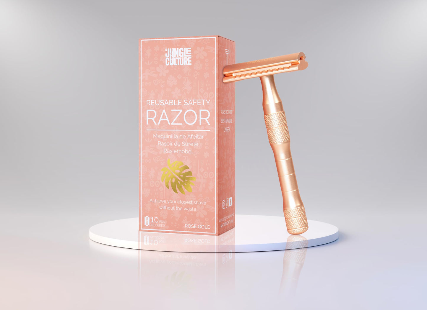 Jungle Culture Safety Razor with 10 Double Edge Blades • Single Blade Metal Razors for Women & Men for Body & Face • Eco Friendly & Reusable Shaver • Rose Gold