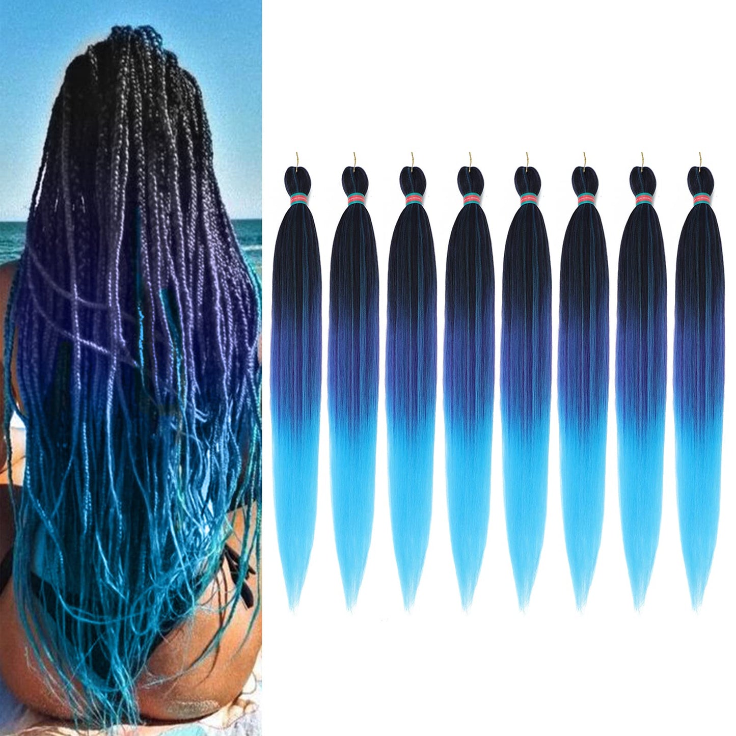 Ombre Pre stretched Braiding Hair, 36 Inch Braid Hair Extensions, 8 packs Multi Color blend braiding hair pre-stretched, Crochet Hair Braiding (36''-8 packs,1b/purple/l.blue)