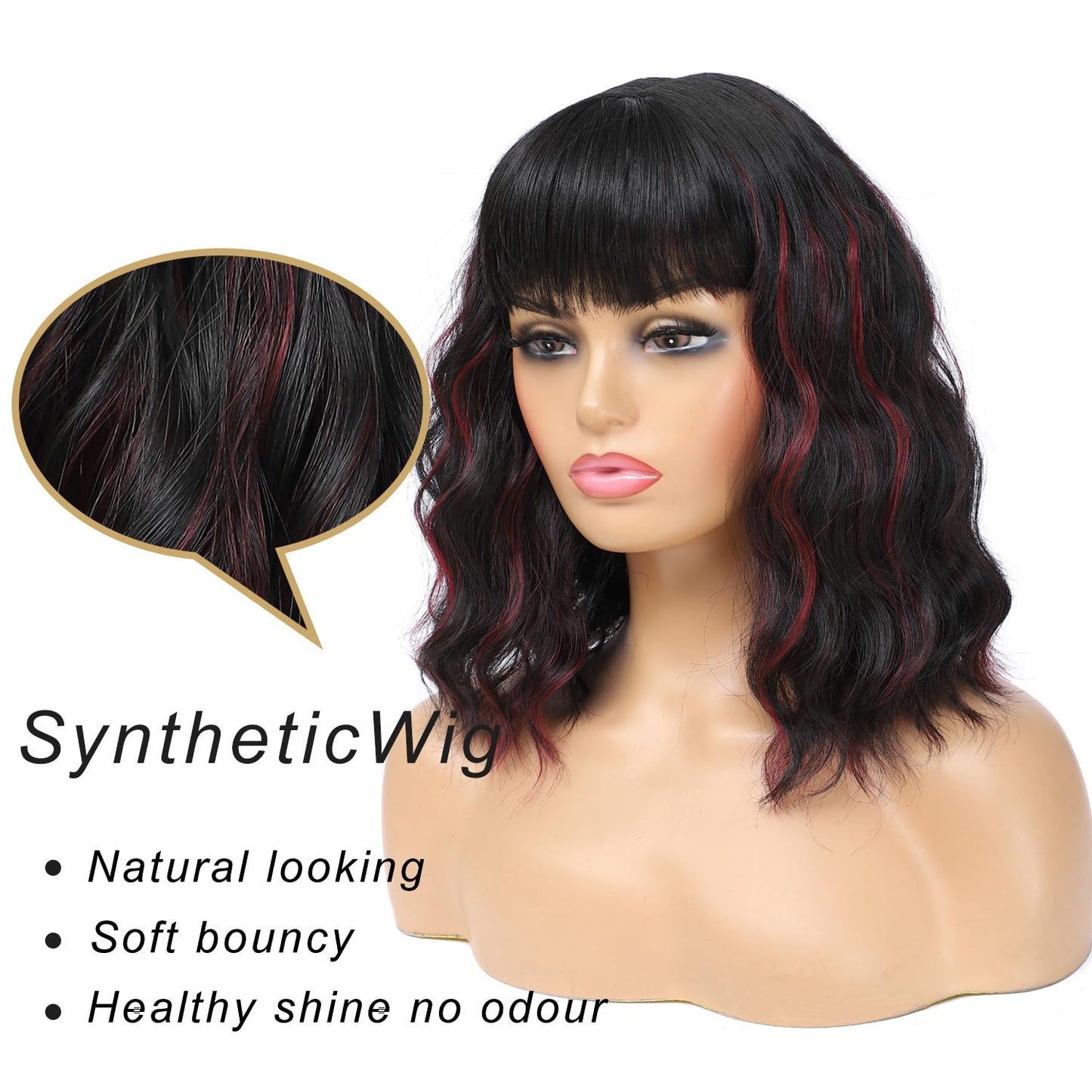 Amarlis Black Mixed Red Bob Wig with Bangs for Women, Natural Looking Heat Resistant Synthetic Wig 14 Inch Curly Bob Wig for Daily Party Use