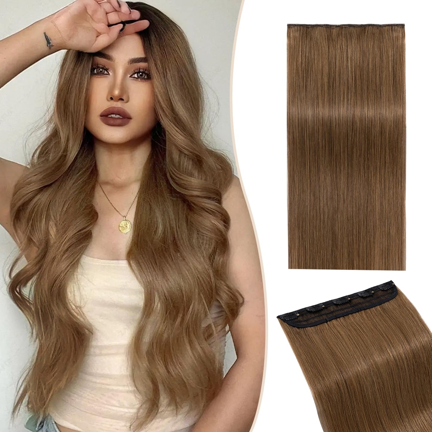 SEGO One Piece Clip in Extensions, 5 Clips Real Human Hair Extensions, Long Straight, 10 inches, #06 Light Brown