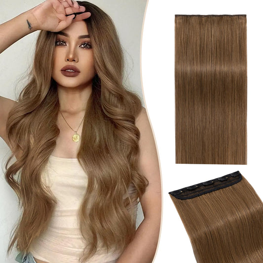SEGO One Piece Clip in Extensions, 5 Clips Real Human Hair Extensions, Long Straight, 10 inches, #06 Light Brown