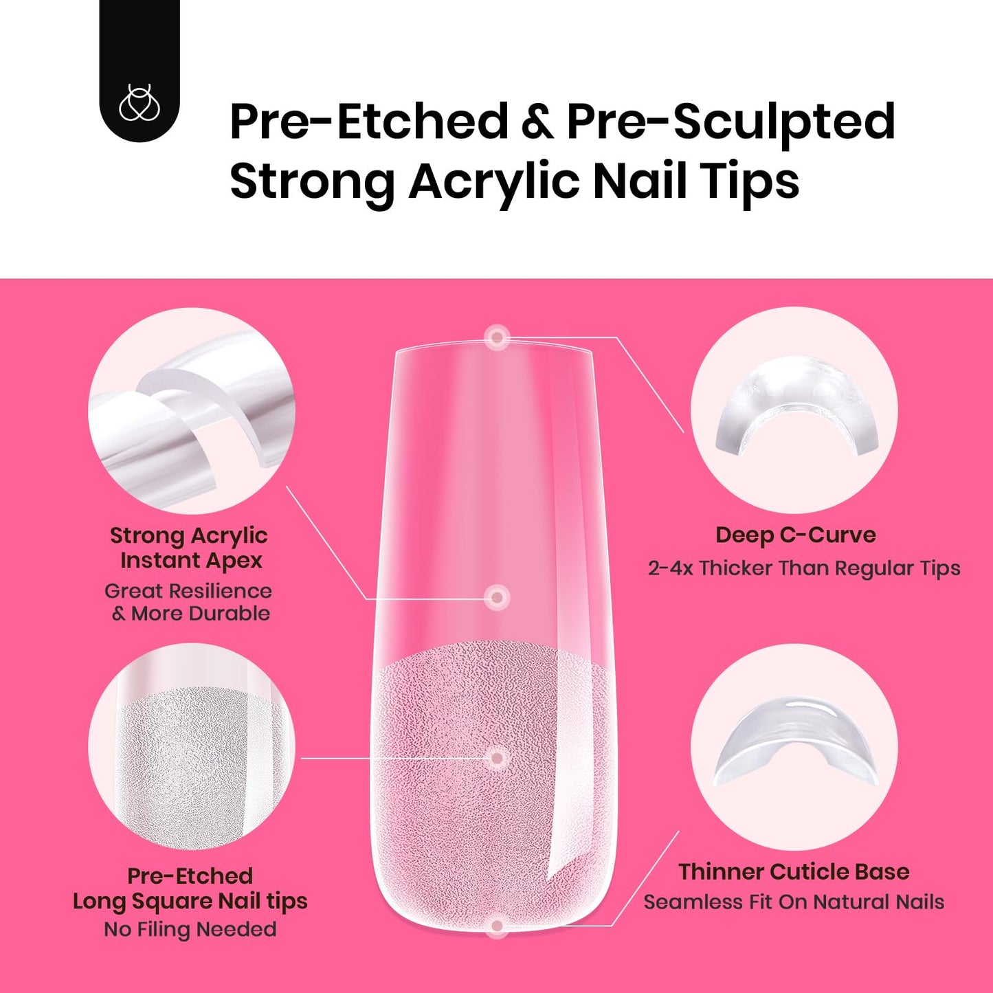 Beetles Tipex Nail Tips Long Square-C Curved Half Matte Nail Tips 224 Pcs Pre Building Fake Nails with Uv Nail Glue, LED Nail Lamp - Thick Acrylic Nail Set for Flat Nails