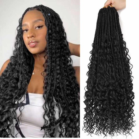 8 Packs Crochet Box Braids with Curly Ends 24 Inch Boho Braids Bohemian Box Braid Hair Goddess Box Braids Crochet Hair for Women (1B, 24 inch 8 pack)