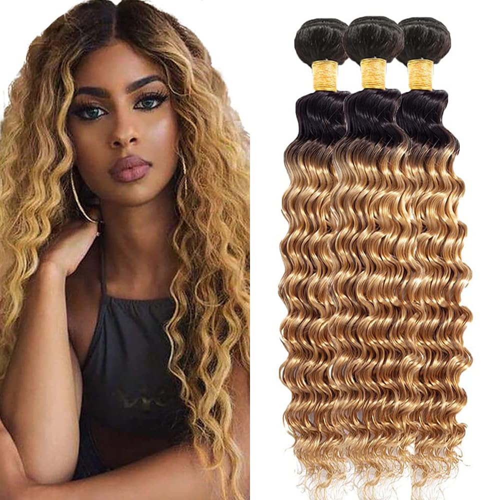 10 12 14 inch Ombre Bundles Honey Blonde Human Hair 1B27 Brazilian Real Unprocessed Virgin Deep Wave Human Hair Bundles