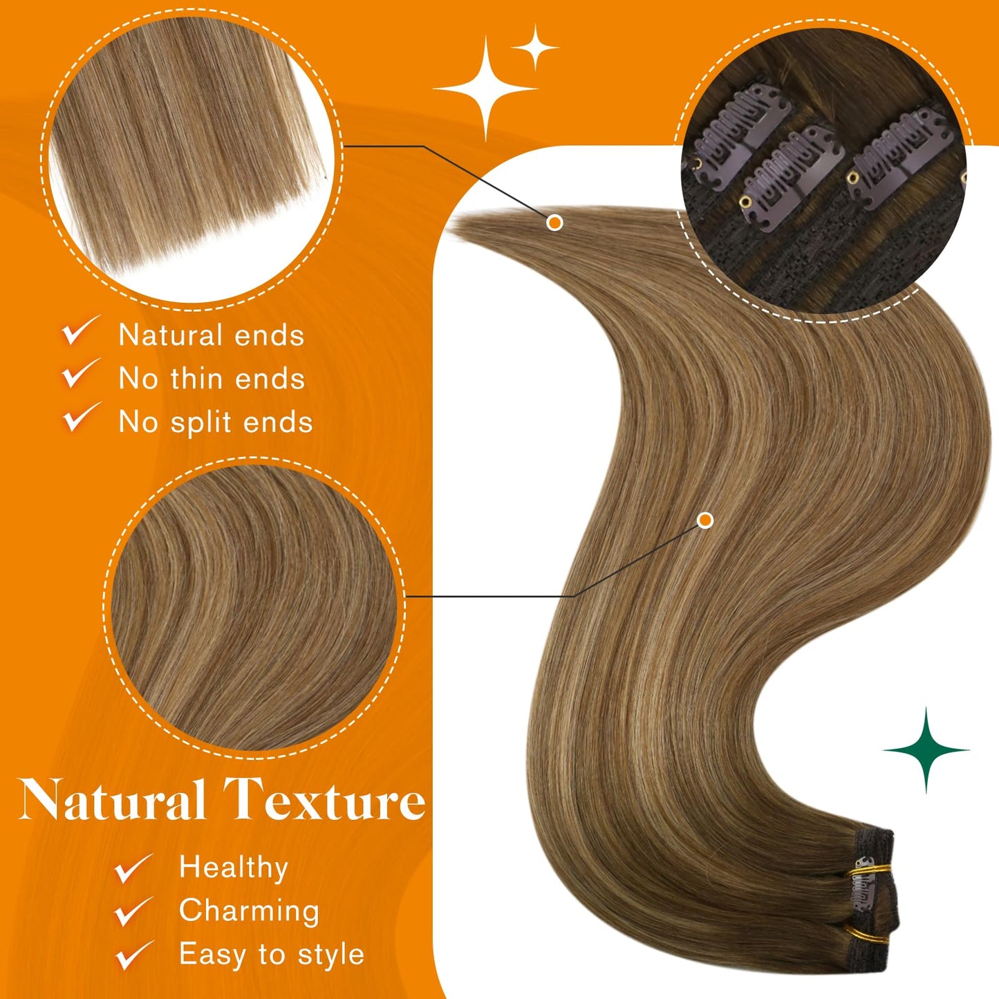 Easyouth Clip in Hair Extensions Real Human Hair Balayage Clip on Hair Extensions for Thick Hair Dark Brown Fading to Caramel Blonde Mix Brown for Long Straight Hair 22In 120G 7Pcs