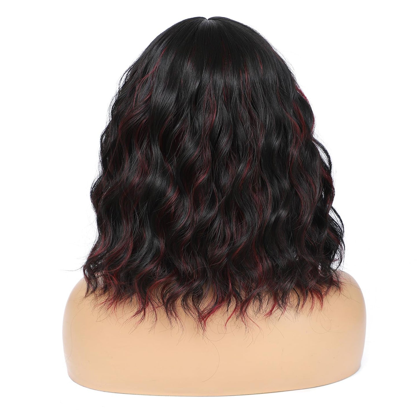 Amarlis Black Mixed Red Bob Wig with Bangs for Women, Natural Looking Heat Resistant Synthetic Wig 14 Inch Curly Bob Wig for Daily Party Use