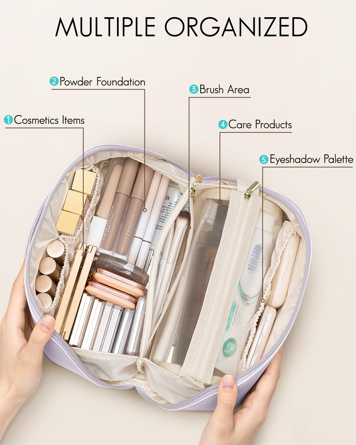 Vlando Makeup Bag,Travel Makeup Bag Waterproof Portable Cosmetic Bag PU Leather Open Flat Make up Organizer for Travelers teen Girls Women,Christmas Gifts for Women(Purple)