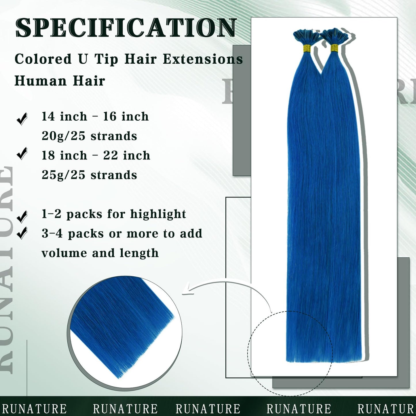 RUNATURE U Tip Human Hair Extensions - Blue Straight for Party - Hot Fusion Colorful 14 Inch 20g 25s