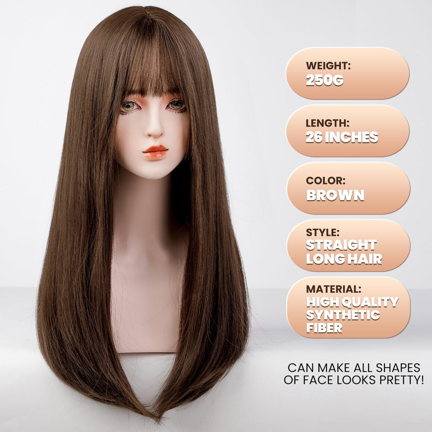 EMMOR Brown Wig With Bangs For Women Long Straight Wigs Synthetic For Girls Halloween Party Cosplay And Daily Use(26" Brown)