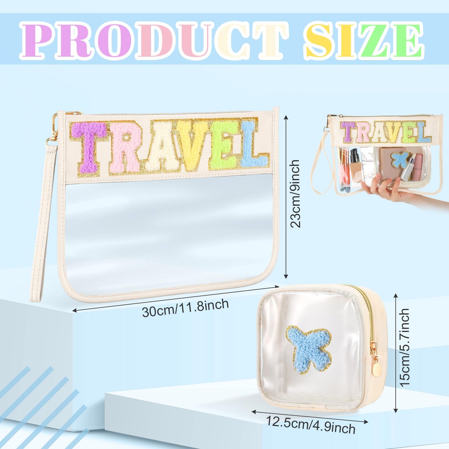 Hillban 2 Pcs Clear Travel Bags Chenille Letter Makeup Cosmetic Toiletry Bags Weekend Gifts Preppy Patch Zipper Pouch for Travel Waterproof Flat Portable Storage Purse for Women