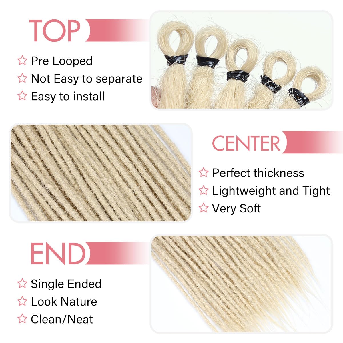 24 Inch 40 Strands Dreadlock Hair Extensions,Synthetic Hippie Single Ended Handmade Dreads,Thin 0.6cm Width Straight Reggae Style Dreadlocks for Woman,613 Blonde