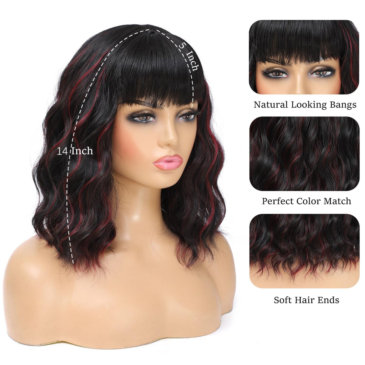 Amarlis Black Mixed Red Bob Wig with Bangs for Women, Natural Looking Heat Resistant Synthetic Wig 14 Inch Curly Bob Wig for Daily Party Use