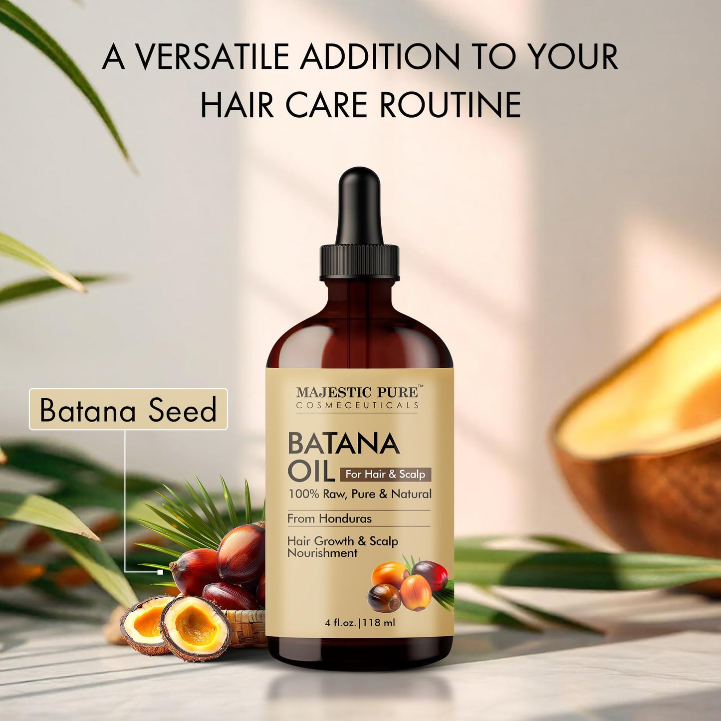 Majestic Pure Batana Oil for Hair & Scalp Nourishment, Strengthening, Nourishing, Voluminizing - Non GMO Verified, 4 Fl Oz