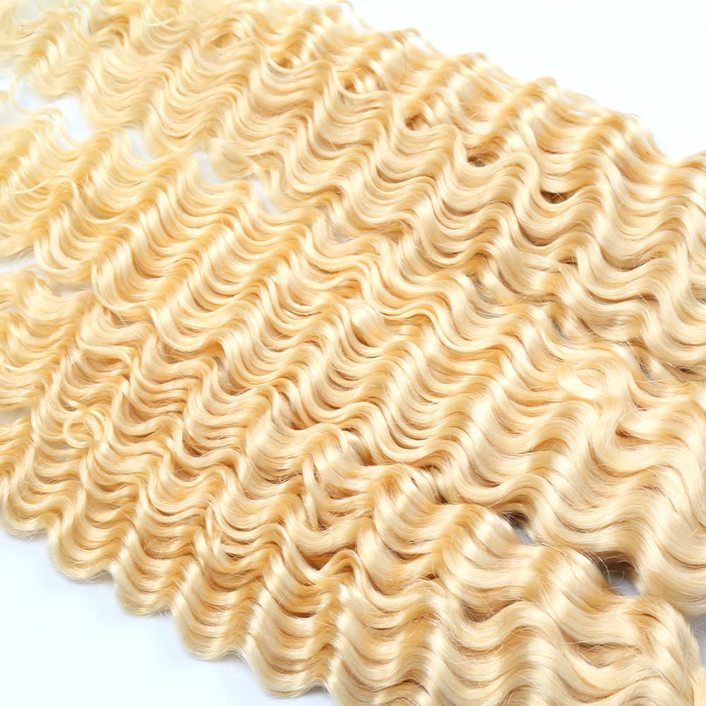 613 Human Hair Bundles Blonde Deep Wave Hair Extenisons 20 20 20 Inch Grade 8A Brazilian Virgin Remy Hair 3 Bundles Human Hair Double Weft Soft Real Hair Weave