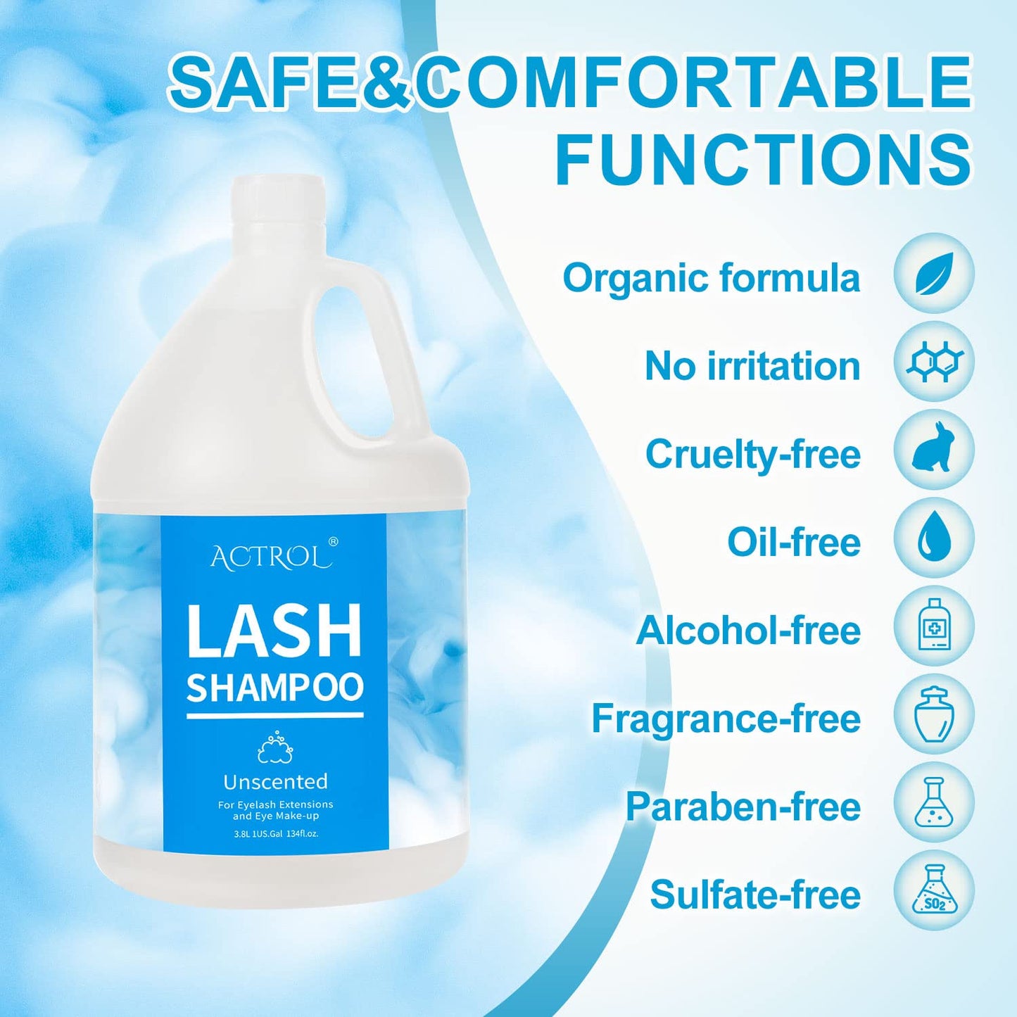ACTROL Eyelash Extension Cleanser Gallon Unscented 3.8L Natural Lash Extension Shampoo Professional Eyelid Foaming Cleanser Paraben & Sulfate Free Non-lrritating with Salon and Home Care