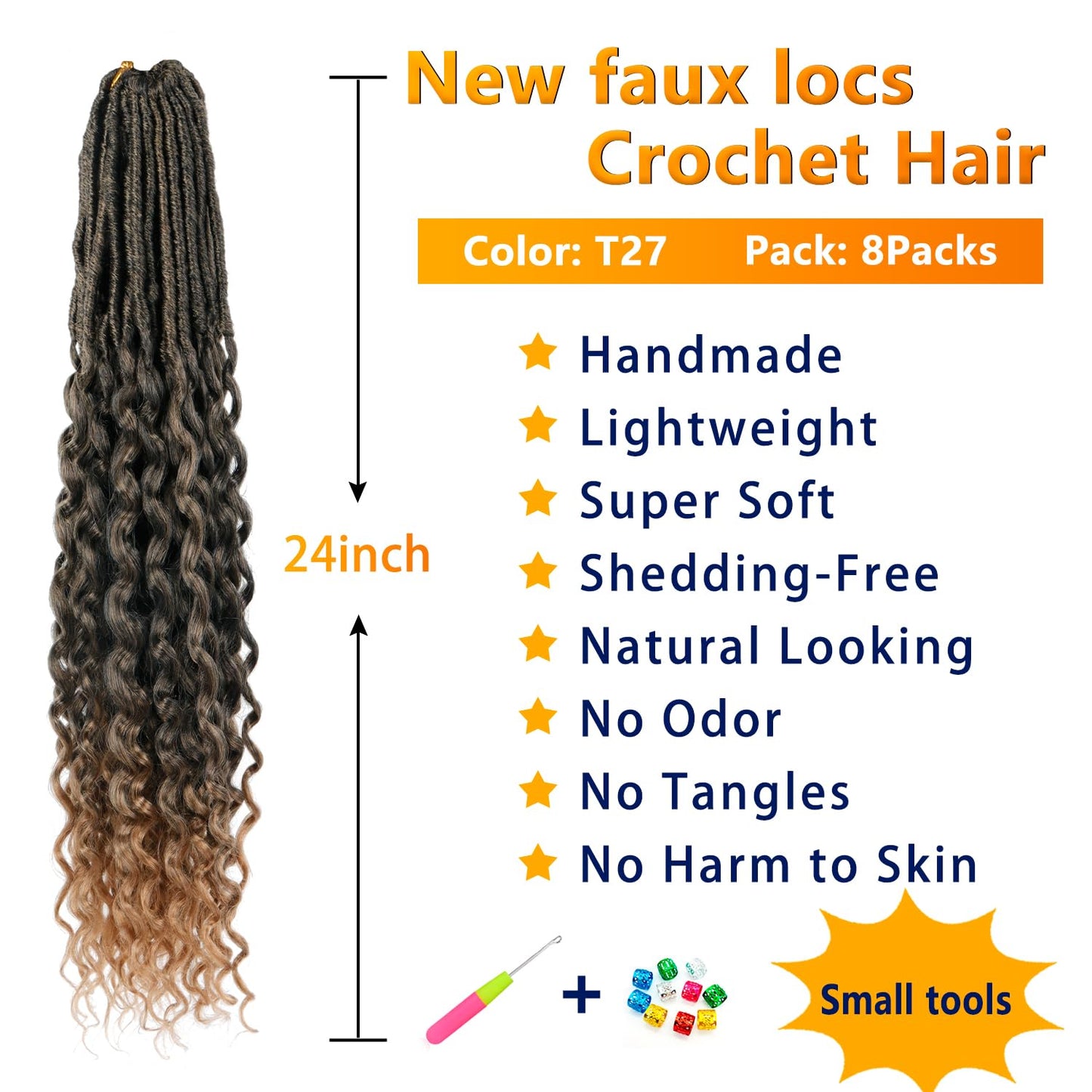 Goddess faux locs Crochet hair 24Inch 8Packs New faux locs Crochet hair Deep Wavy faux locs Crochet hair Pre Looped Crochet hair Extensions for Women(1B-27#)