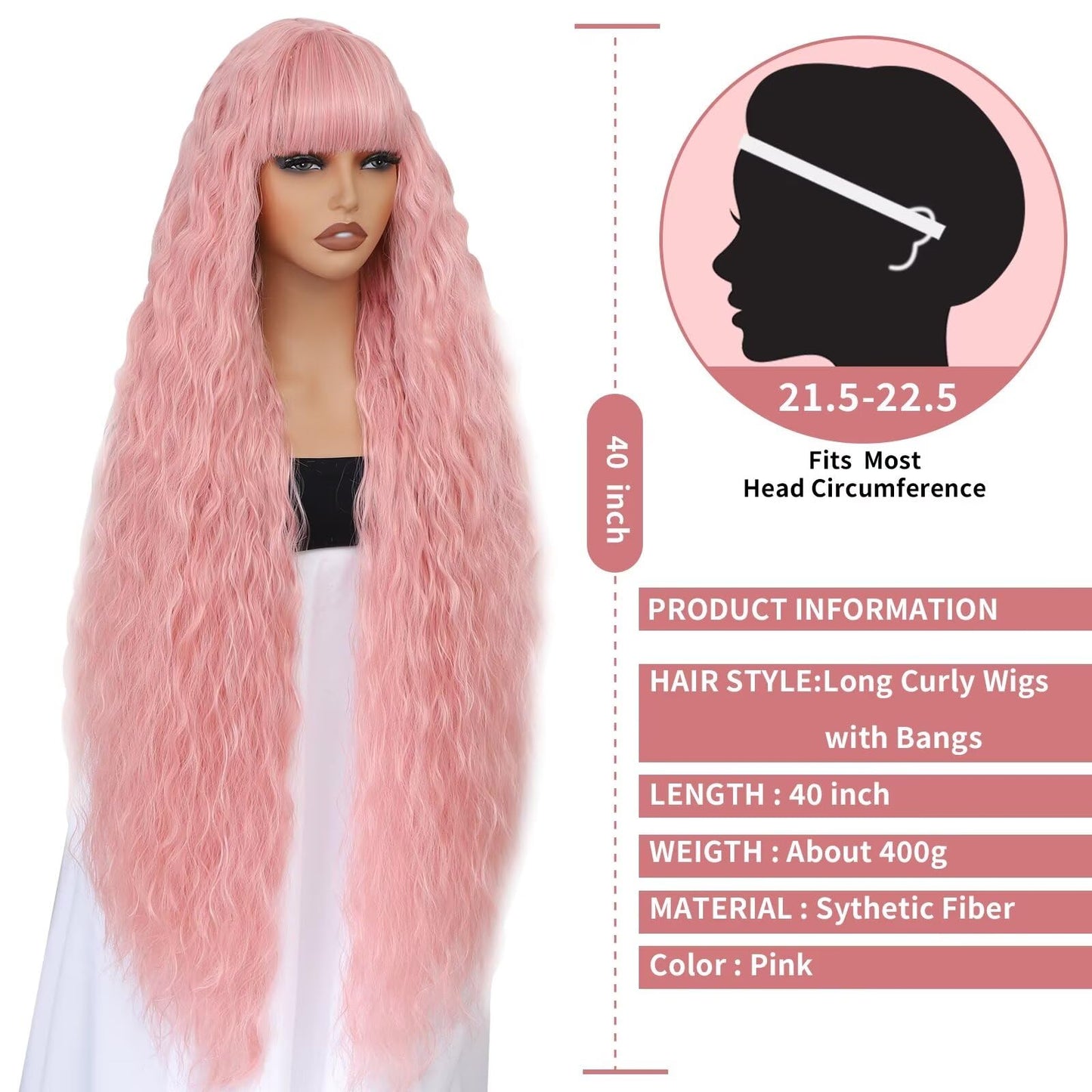 Aliesencia 40 Inch Long Wavy Wig with Bangs for Women White Cosplay Wig Bounce Fluffy for Halloween Party Daily Use(Pink)