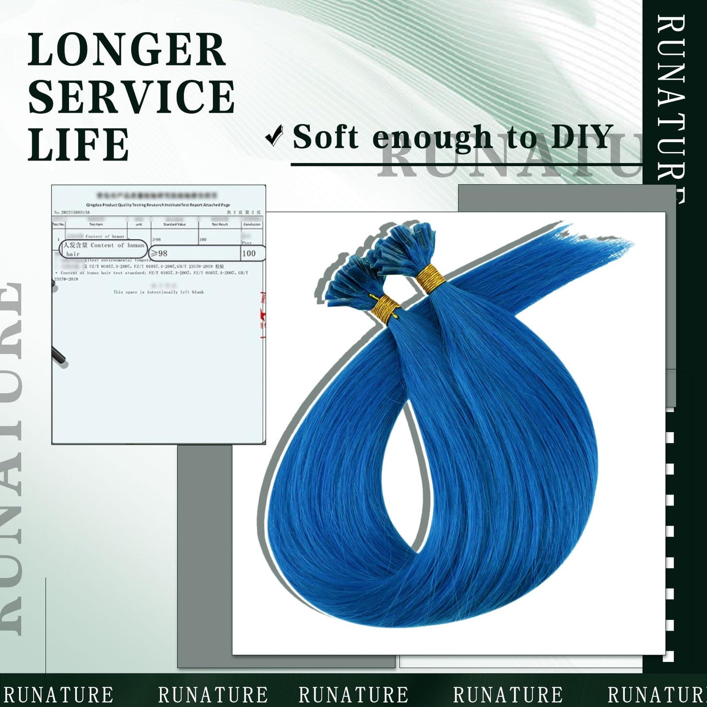 RUNATURE U Tip Human Hair Extensions - Blue Straight for Party - Hot Fusion Colorful 14 Inch 20g 25s