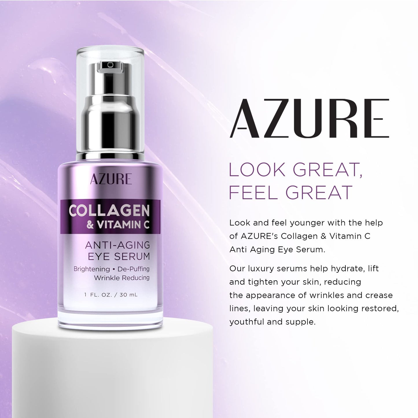 Azure Cosmetics Collagen & Vitamin C Anti Aging Eye Serum - Toning, De-Puffing Serum - Reduces Wrinkles, Fine Lines & Dark Circles - Minimizes Fatigue - Skin Care Made in Korea - 30mL / 1 fl.oz.