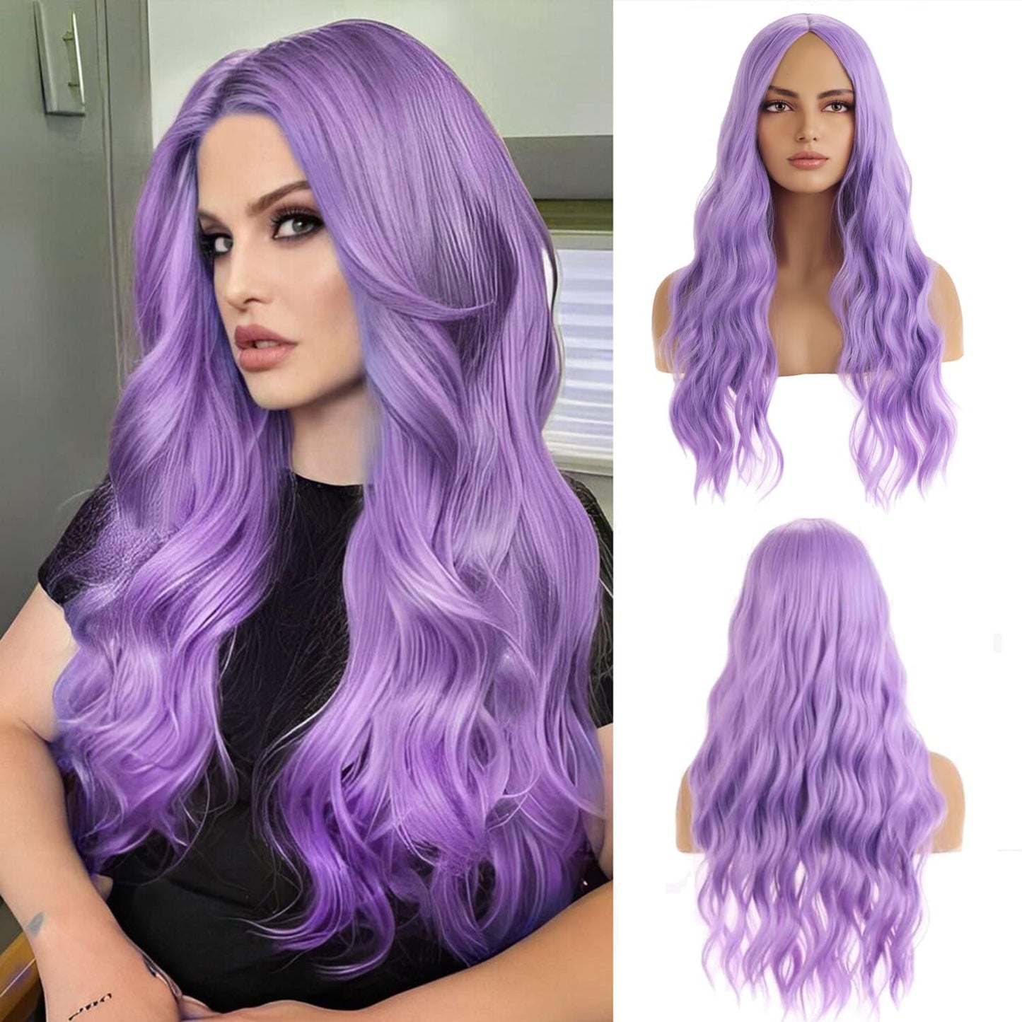 BERON Purple Wig for Women Long Wavy Wig Purple Long Curly Wigs Lavender Purple Synthetic Wig for Daily Party