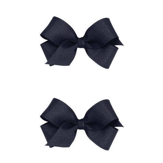 Wee Ones Girls 2 Pack Grosgrain Hair Bows with Plain Wrap Centre on a Wee Stay No Slip Clip, Mini, Navy
