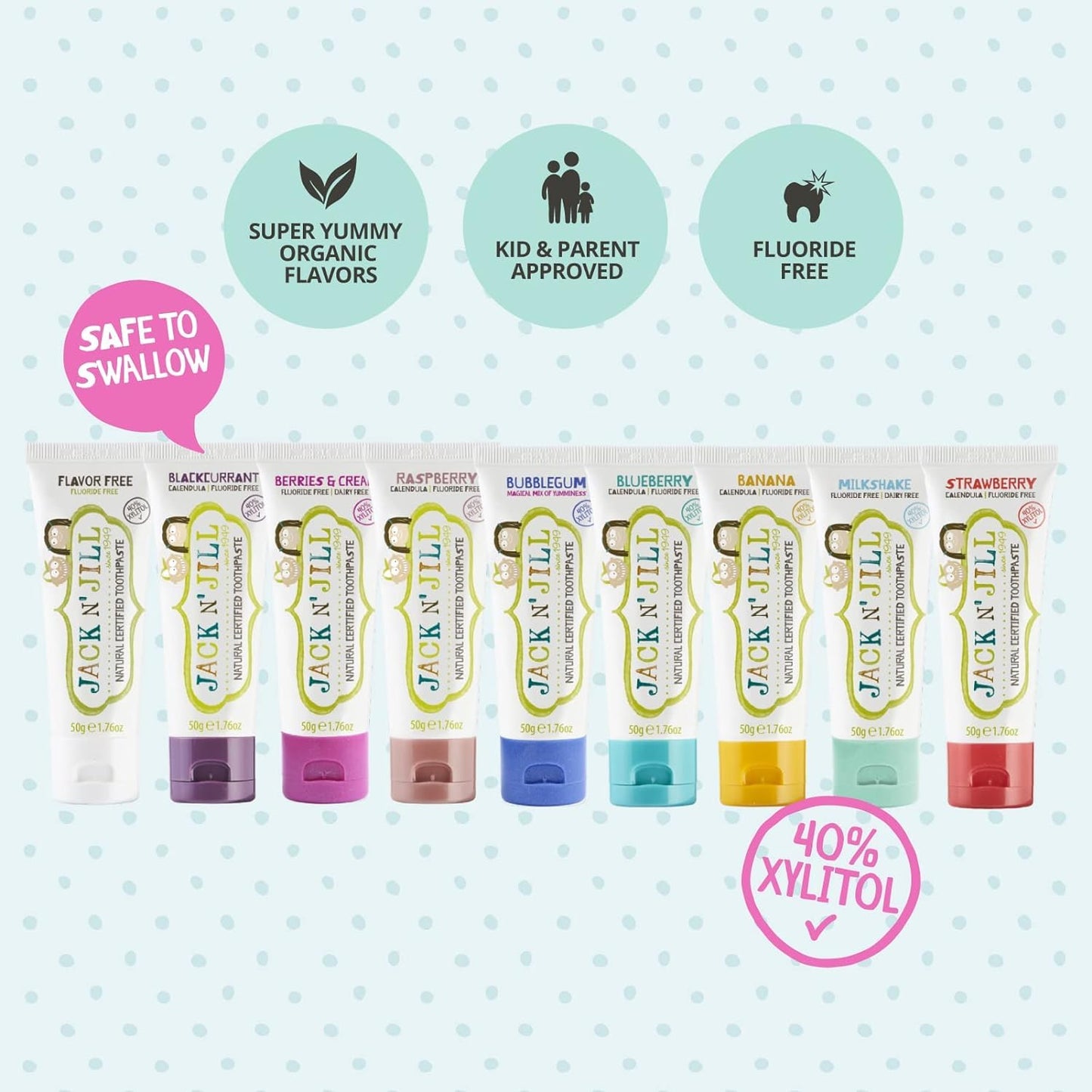 Jack N' Jill Natural Toddler Toothpaste - Fluoride Free Training Toothpaste for Toddlers 1-3, 40% Xylitol, BPA Free - 1.76 oz (Variety Pack of 5)