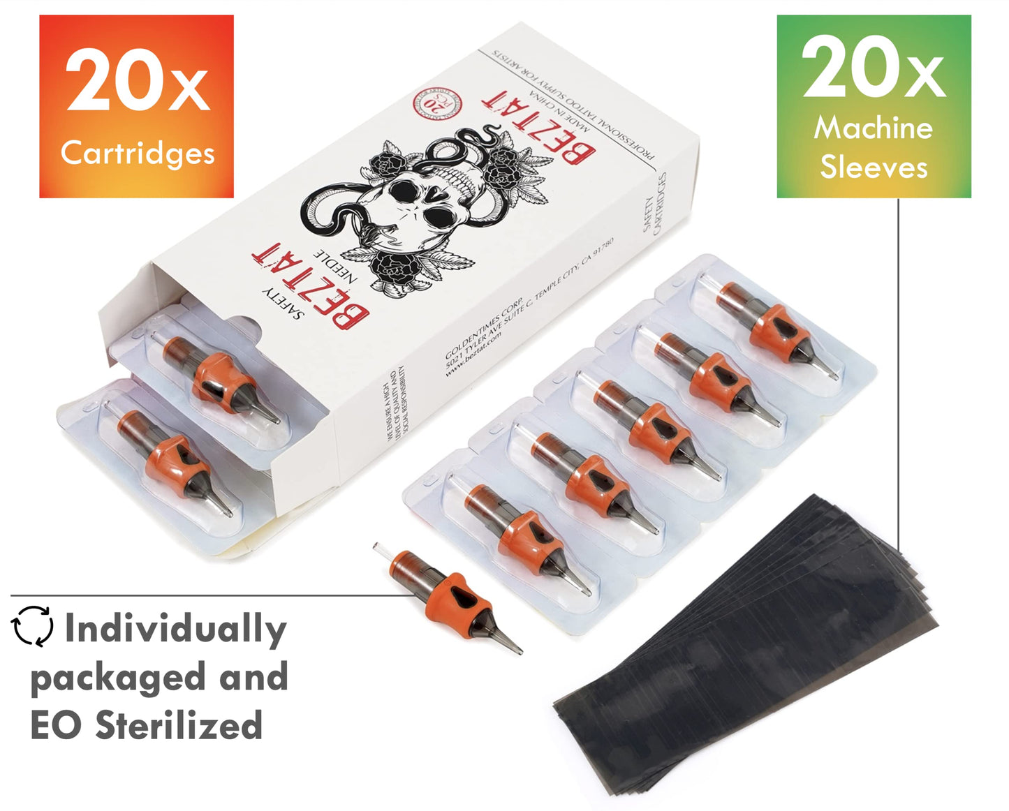 BEZTAT Ultra Premium Professional Tattoo Needles Cartridge w/Grip & Machine Covers Sleeves #08 Magnum 20 Pack (0815M1)