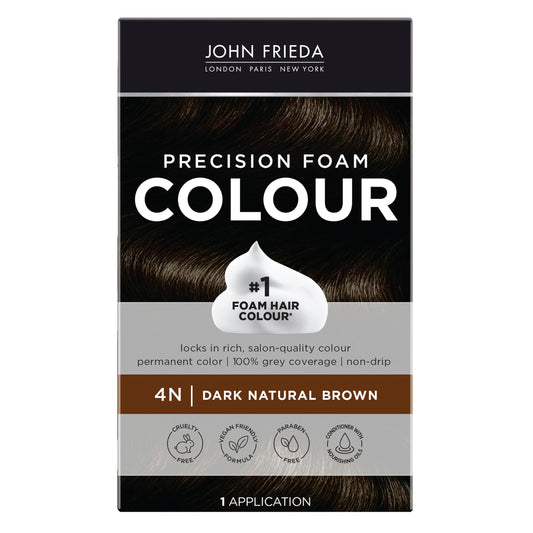John Frieda Precision Foam Colour, Dark Natural Brown 4N, Full-coverage Hair Color Kit, Anti-Fade Gray Coverage, Deep Color Saturation Hair Dye, 1 Application