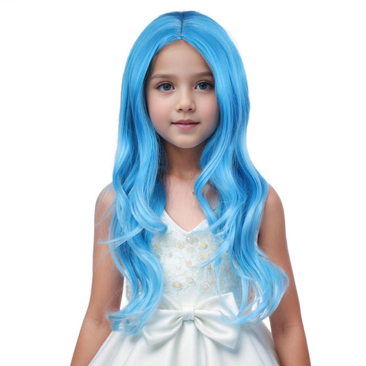 Edivd Girls Blue Ombre Wig Kids Long Mixed Light Blue Middle Part Wig Ombre Wavy Curly Wigs for Children Heat Resistant Synthetic Wigs with Cap