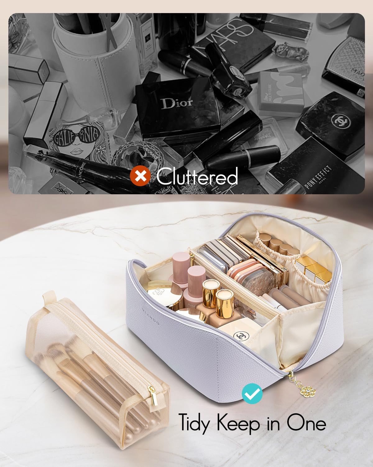 Vlando Makeup Bag,Travel Makeup Bag Waterproof Portable Cosmetic Bag PU Leather Open Flat Make up Organizer for Travelers teen Girls Women,Christmas Gifts for Women(Purple)