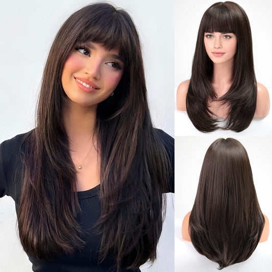 EMMOR Dark Brown Wig With Bangs For Women Long Straight Layered Wigs Synthetic Layered Hairstyle For Girls Party Cosplay And Daily Use(26" Dark Brown)