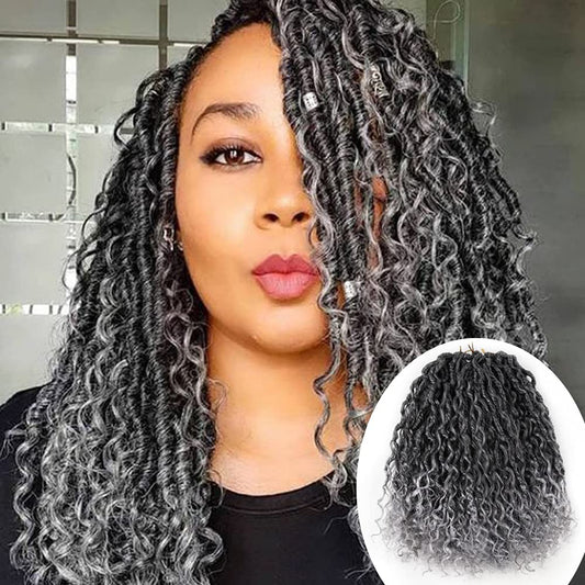 6 Packs New Goddess Curly Locs Crochet Hair 14 Inch Curly Crochet Hair Faux Locs Crochet Hair Boho Hippie Locs River locs Synthetic Hair Extensions for Braids for Black Women(14Inch?T1B/Gray)