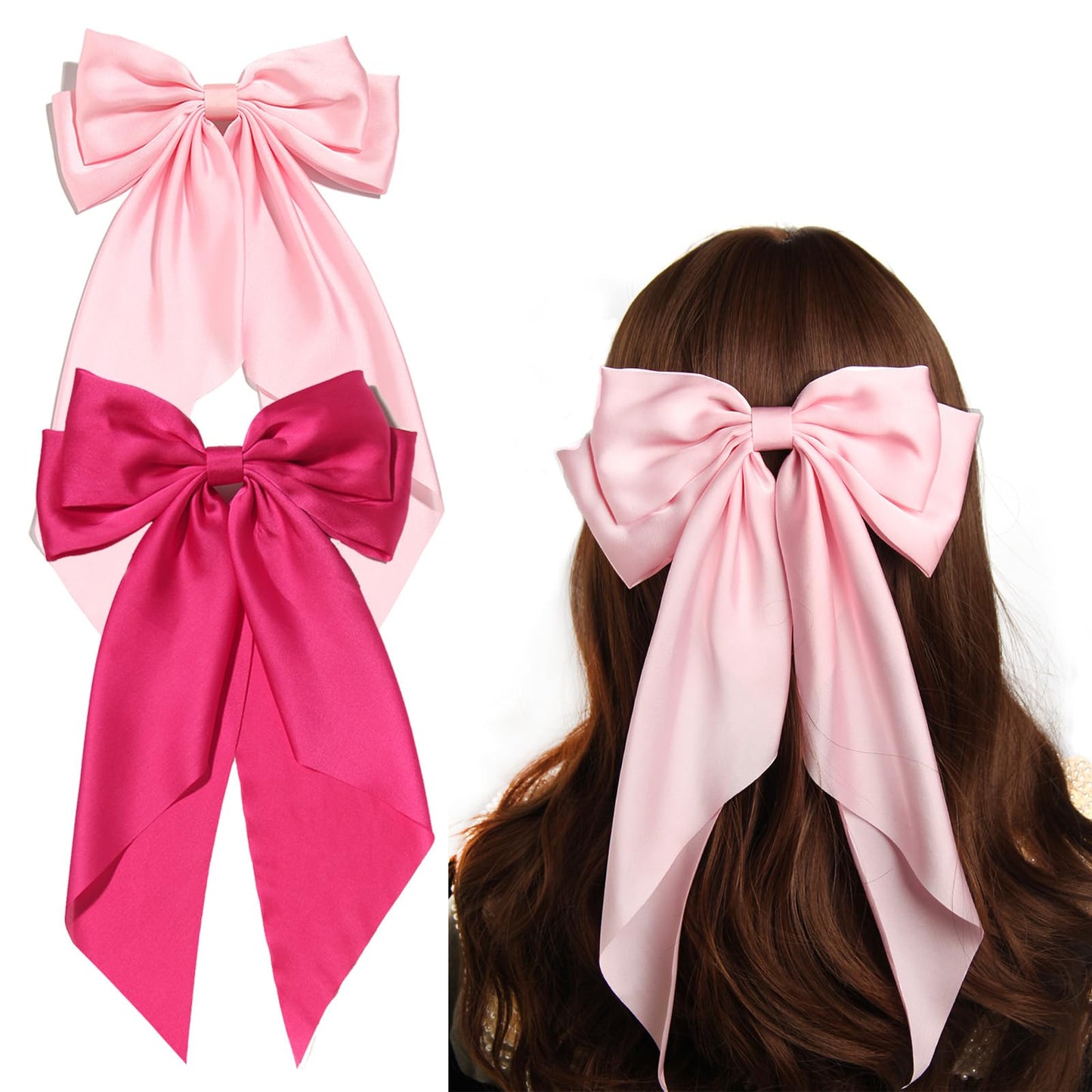 SUSULU Pink Hair Bows for Women, 2pcs Big Hair Bows Long-Tail Pink Ribbon Bows Hot Pink Hair Bows Accessories Hair Barrettes Party Birthday Gifts