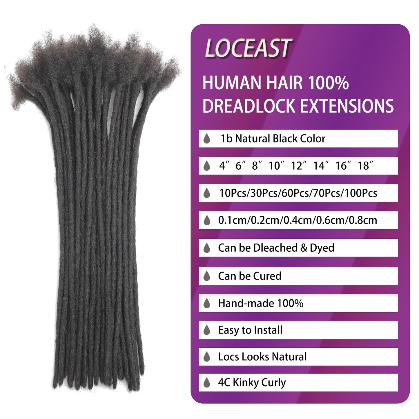 Loceast 6 Inch 0.2cm Width Loc Extension Human Hair Natural Black 100 Strands Full Hand-made Permanent Locs Extensions Can Be Dyed and Bleached for Men/Women/Kids Real Dreadlock Extensions Human Hair