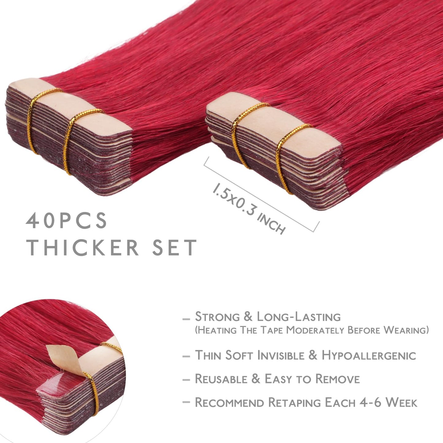 WENNALIFE Tape in Hair Extensions, 40pcs 60g 10 Inch Red Human Hair Straight Invisible Reusable Real Extensions