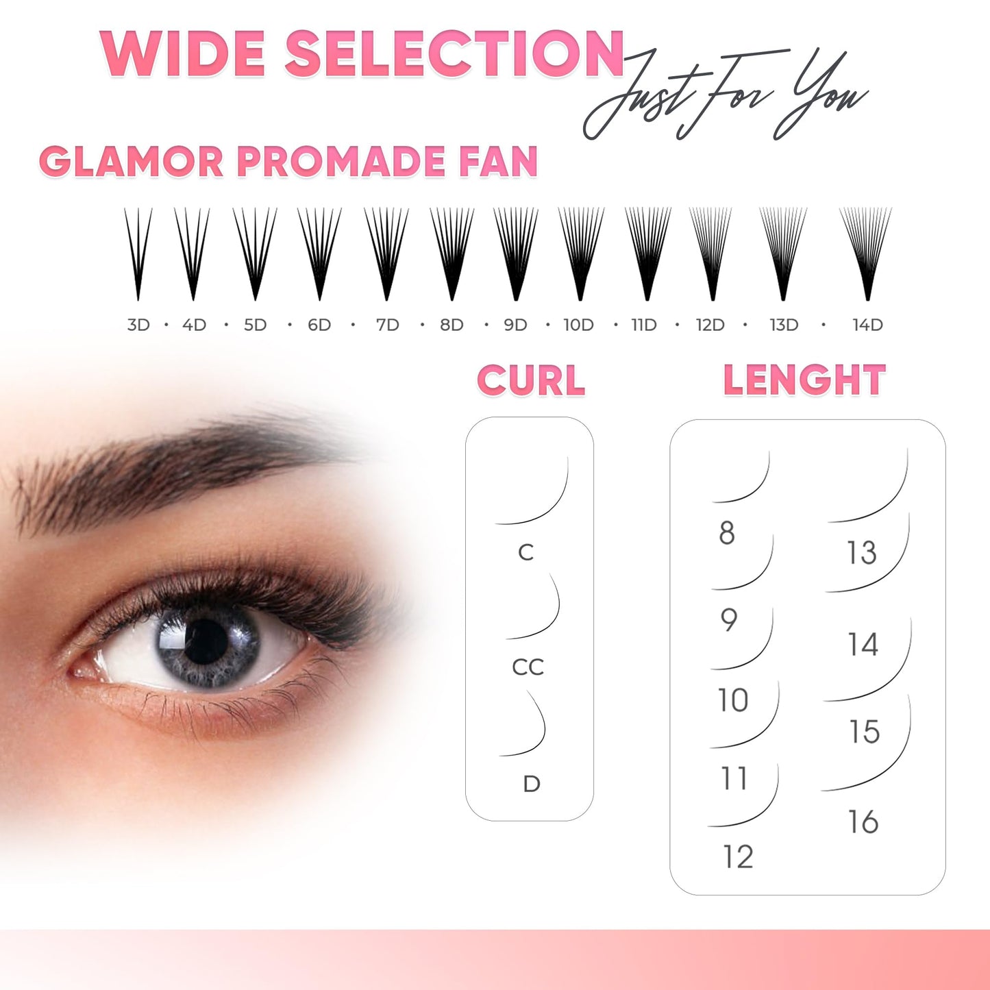 GLAMOREYELASH 500 Promade Volume Fans Loose Eyelash Extension, Handmade Individual Lashes Loose Fan 3D-16D, 0.03/0.05/0.07mm Thickness, C CC D Curl for Mink Lashes, 8-16mm Length (8D-0.05-C, 16mm)