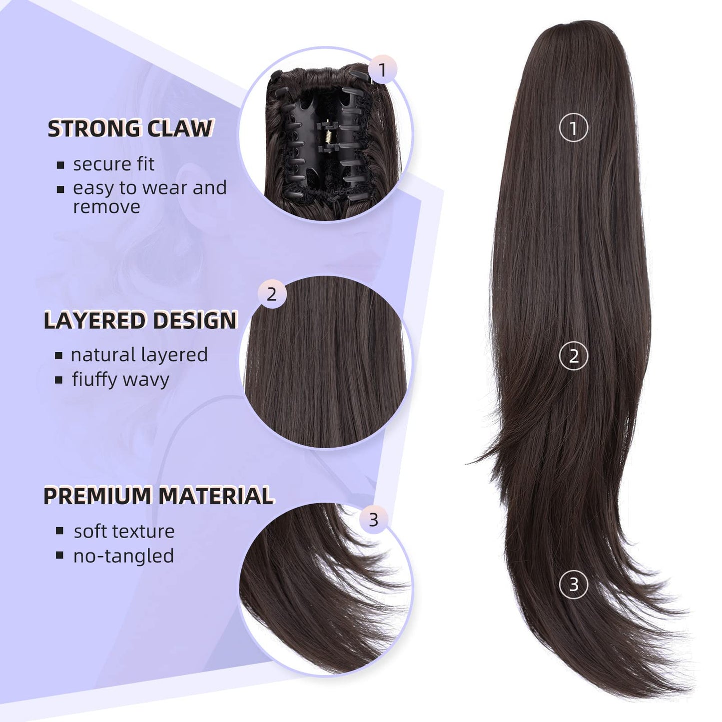 ShulaSHOP Black ponytail extension,20" clip ponytail hair extensions ponytail curly claw hair ponytail Extension Natural Looking Synthetic Hairpiece for Women