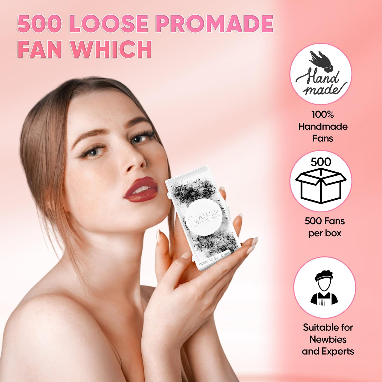 GLAMOREYELASH 500 Promade Volume Fans Loose Eyelash Extension, Handmade Individual Lashes Loose Fan 3D-16D, 0.03/0.05/0.07mm Thickness, C CC D Curl for Mink Lashes, 8-16mm Length (8D-0.05-C, 16mm)