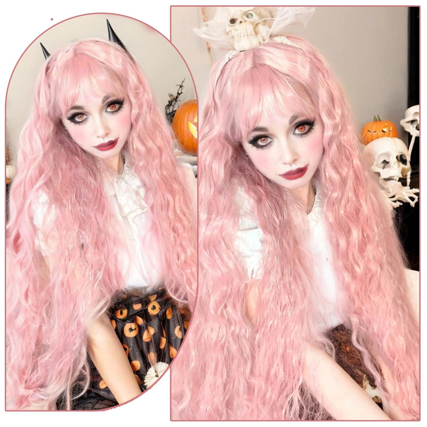 Aliesencia 40 Inch Long Wavy Wig with Bangs for Women White Cosplay Wig Bounce Fluffy for Halloween Party Daily Use(Pink)