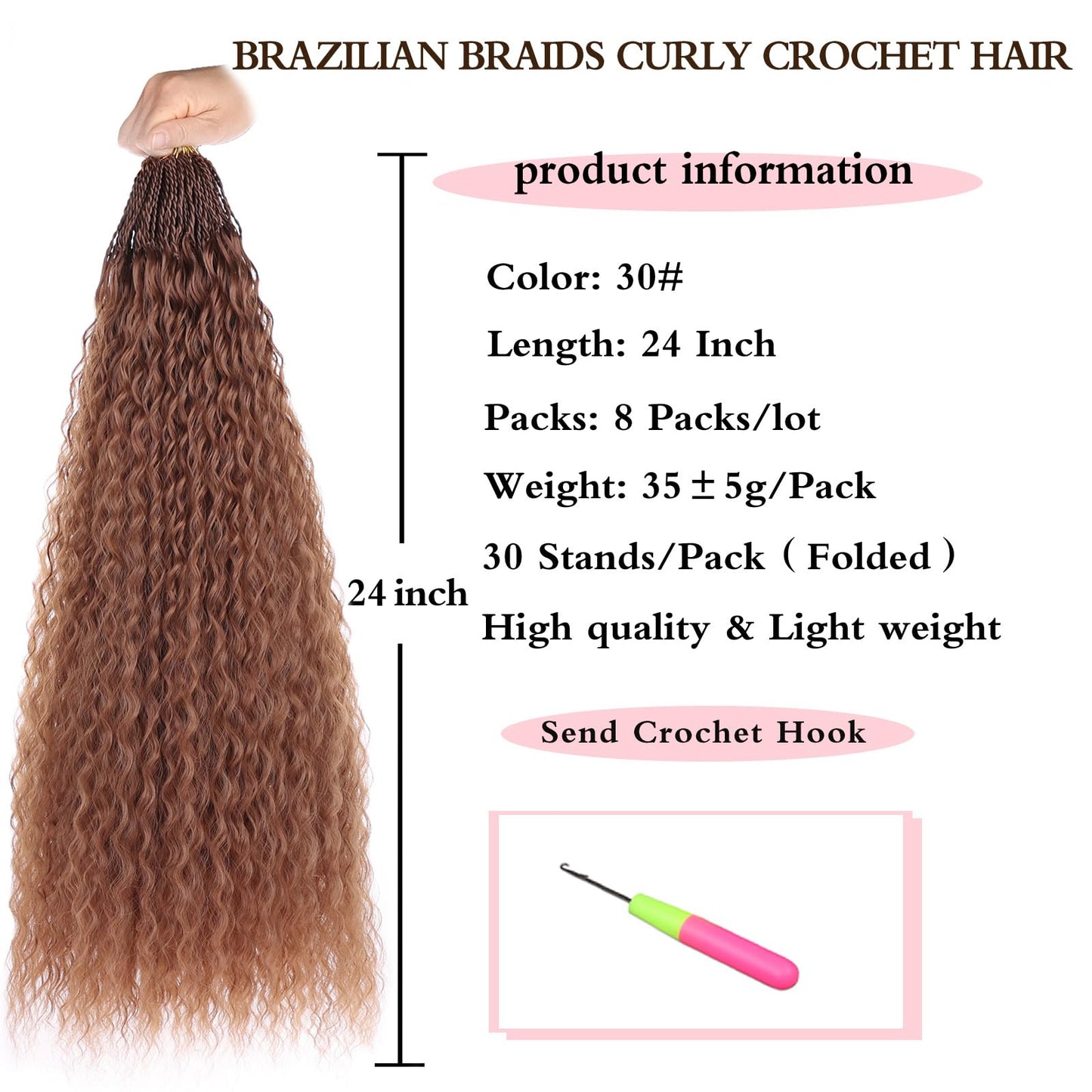 Xtrend Honey Brown Pre Looped Micro Brazilian Kinky Curly Crochet Hair 24 Inch 8 Packs Micro Curly Braiding Hair Extensions Synthetic Deep Wave For Mini Senegalese Twist Hair (30 Strands/Pack, 30#)