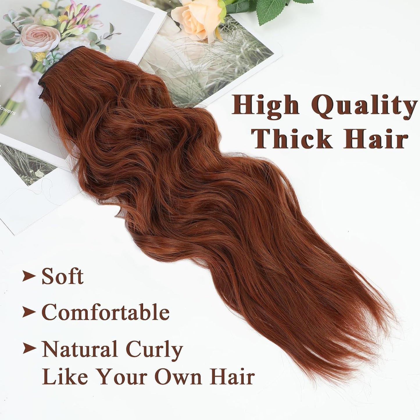 NAYOO Clip in Curly Hair Extensions 4PCS Long Wavy Synthetic Thick Hairpieces with Fiber Double Weft for Women Hair Full Head (24 Inch, Auburn)