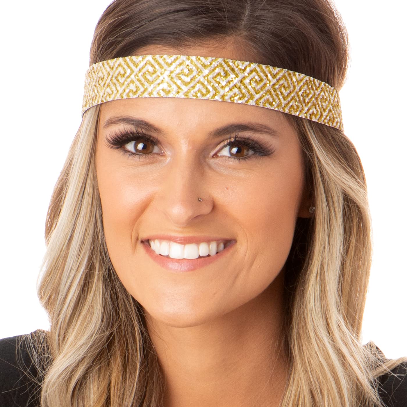 Hipsy Women's Adjustable Non Slip Cute Fashion Wide Bling Glitter Hair Headband 3-pack (Gold/Greek Key/White)