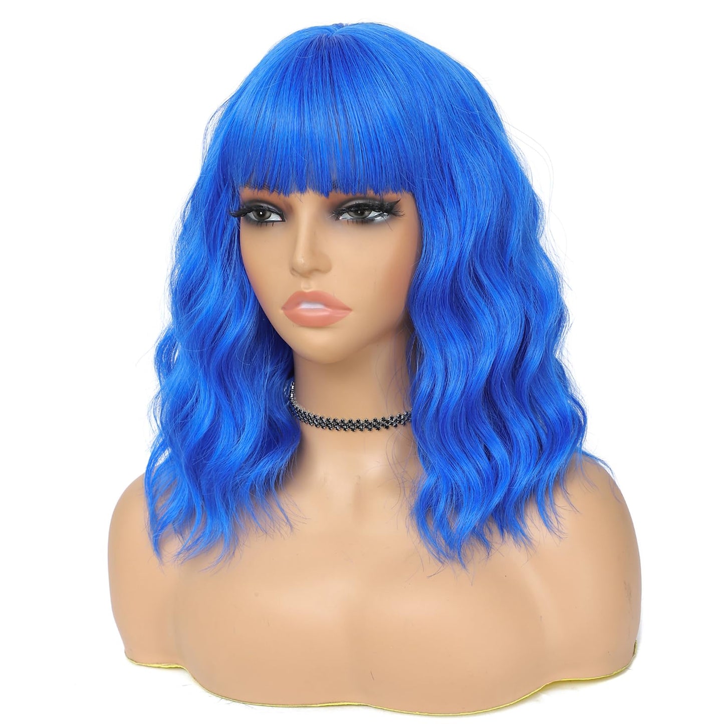 BEAUTIFA Blue Wig with Bangs for Women 14 Inch Shoulder Length Royal Blue Wigs Short Bob Wavy Curly Wig Heat Resistant Synthetic Colorful Wig